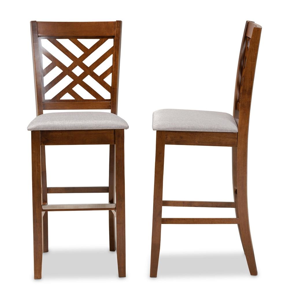 Grey Fabric Upholstered and Walnut Brown Finished Wood 2-Piece Bar Stool Set