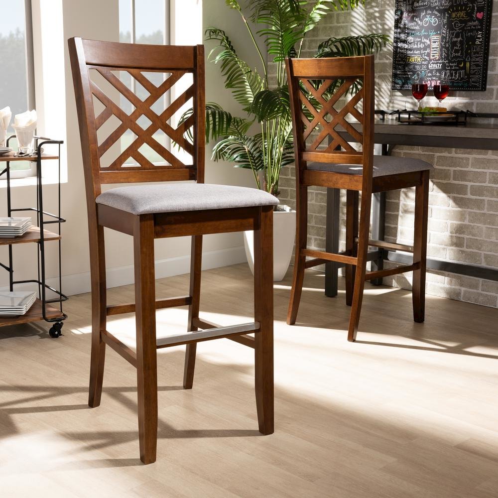 Grey Fabric Upholstered and Walnut Brown Finished Wood 2-Piece Bar Stool Set