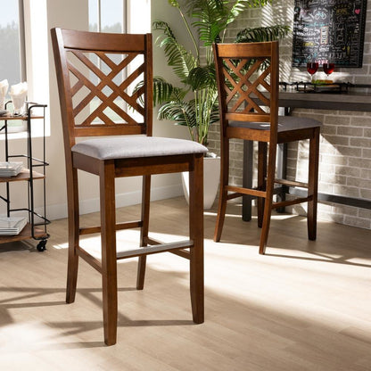 Grey Fabric Upholstered and Walnut Brown Finished Wood 2-Piece Bar Stool Set