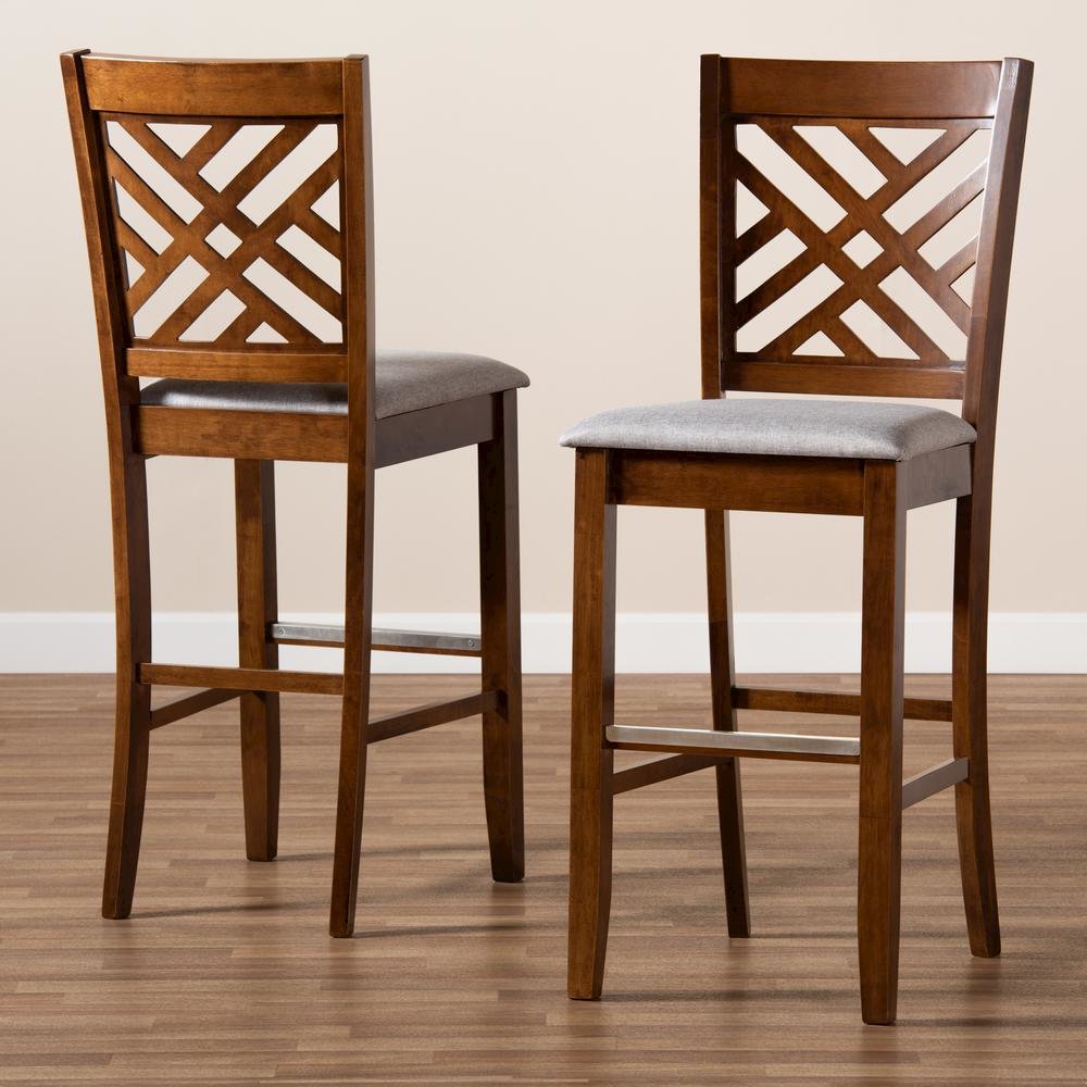 Grey Fabric Upholstered and Walnut Brown Finished Wood 2-Piece Bar Stool Set