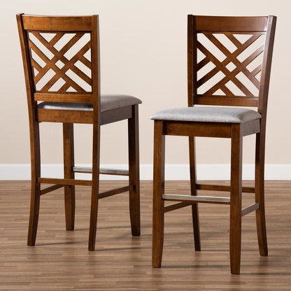 Grey Fabric Upholstered and Walnut Brown Finished Wood 2-Piece Bar Stool Set