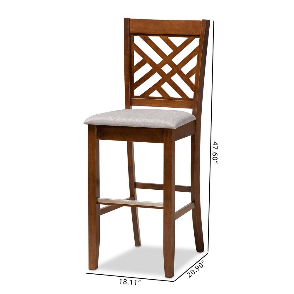 Grey Fabric Upholstered and Walnut Brown Finished Wood 2-Piece Bar Stool Set