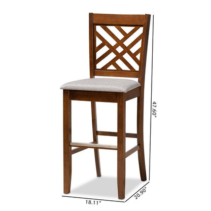 Grey Fabric Upholstered and Walnut Brown Finished Wood 2-Piece Bar Stool Set