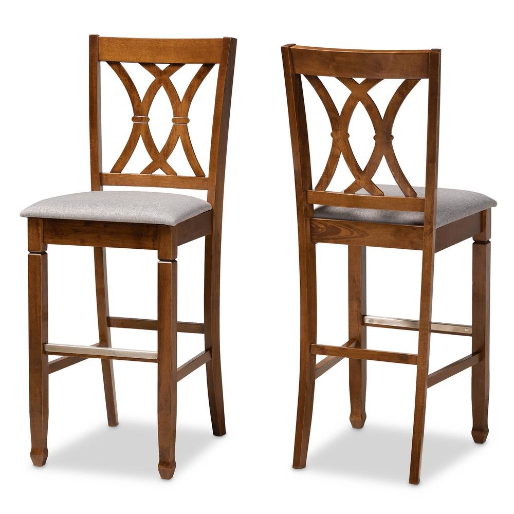 Grey Fabric Upholstered and Walnut Brown Finished Wood 2-Piece Bar Stool Set