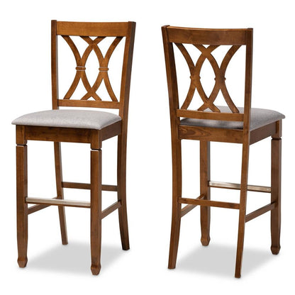 Grey Fabric Upholstered and Walnut Brown Finished Wood 2-Piece Bar Stool Set