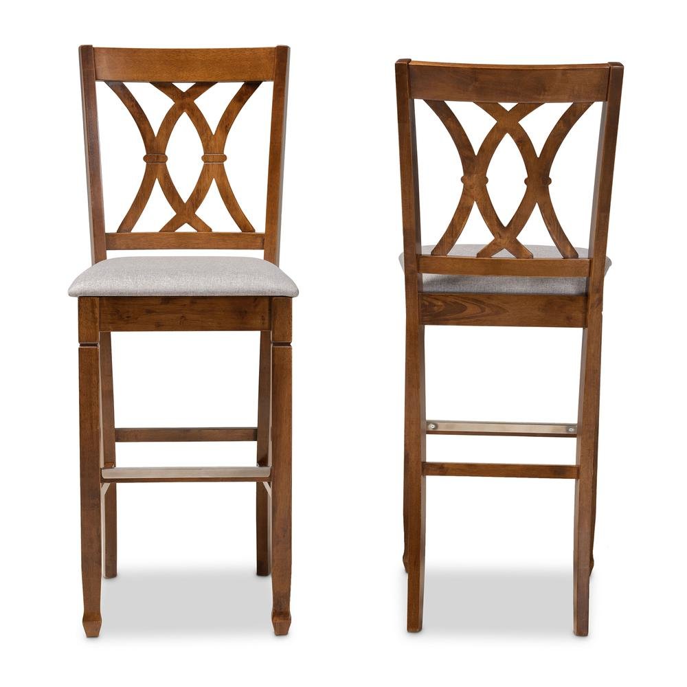 Grey Fabric Upholstered and Walnut Brown Finished Wood 2-Piece Bar Stool Set