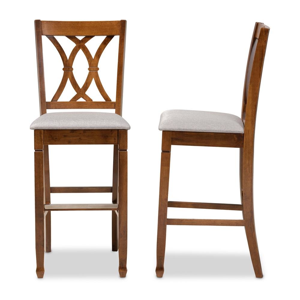 Grey Fabric Upholstered and Walnut Brown Finished Wood 2-Piece Bar Stool Set