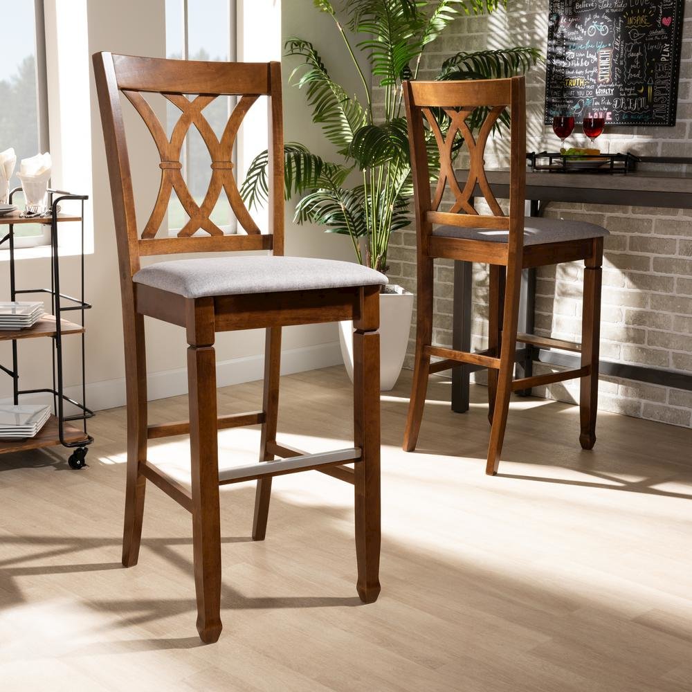 Grey Fabric Upholstered and Walnut Brown Finished Wood 2-Piece Bar Stool Set