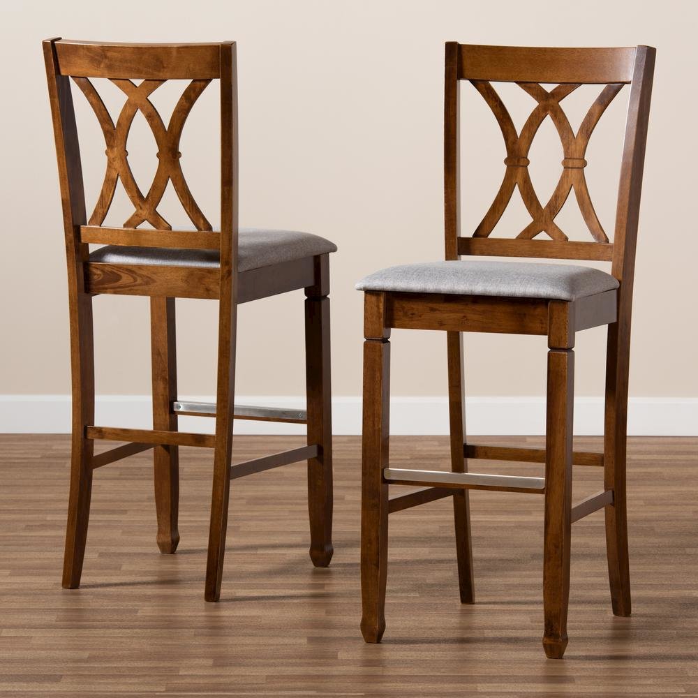 Grey Fabric Upholstered and Walnut Brown Finished Wood 2-Piece Bar Stool Set