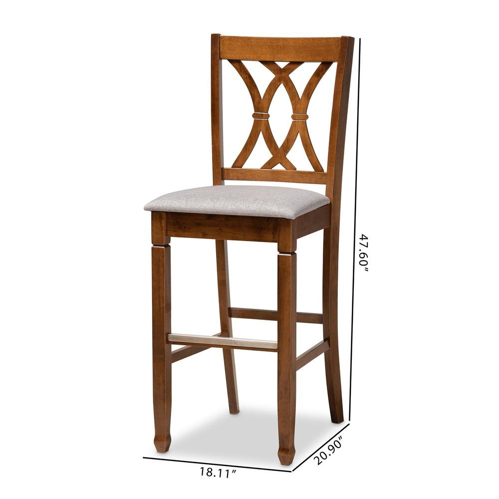 Grey Fabric Upholstered and Walnut Brown Finished Wood 2-Piece Bar Stool Set