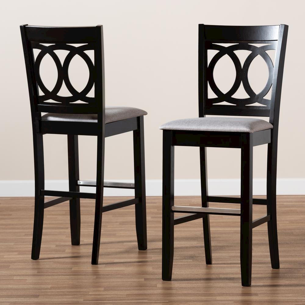 Grey Fabric Upholstered and Espresso Brown Finished Wood 2-Piece Bar Stool Set