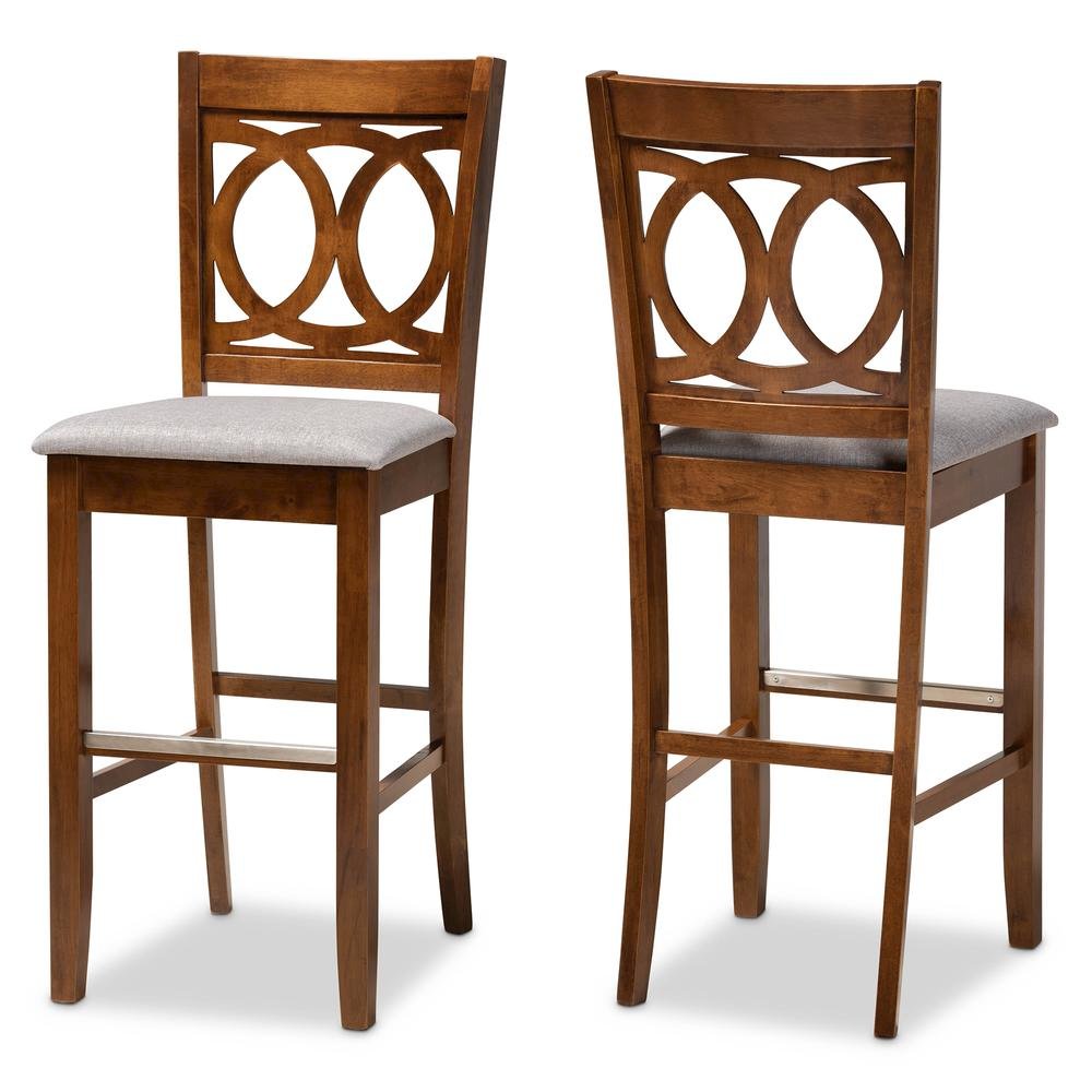 Grey Fabric Upholstered and Walnut Brown Finished Wood 2-Piece Bar Stool Set