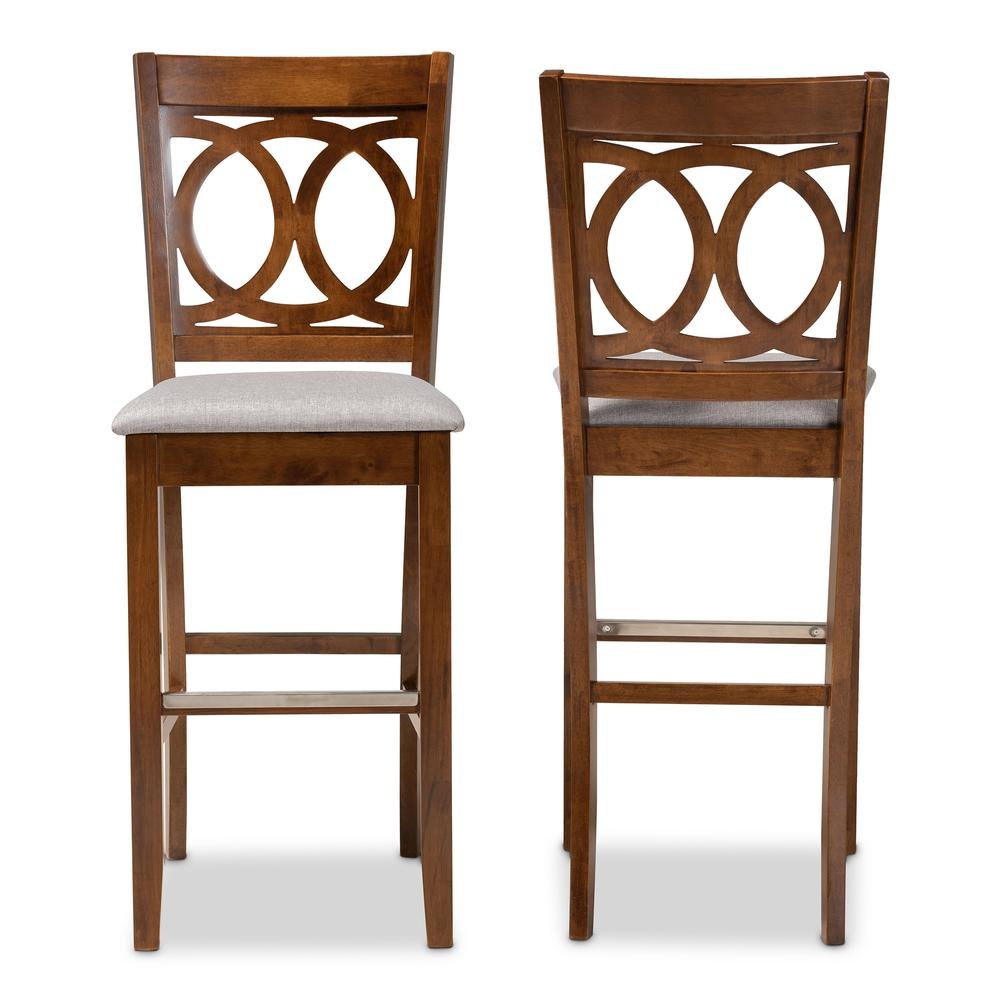 Grey Fabric Upholstered and Walnut Brown Finished Wood 2-Piece Bar Stool Set