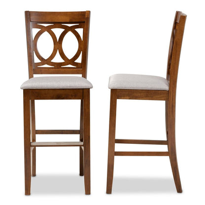 Grey Fabric Upholstered and Walnut Brown Finished Wood 2-Piece Bar Stool Set