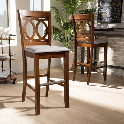 Grey Fabric Upholstered and Walnut Brown Finished Wood 2-Piece Bar Stool Set