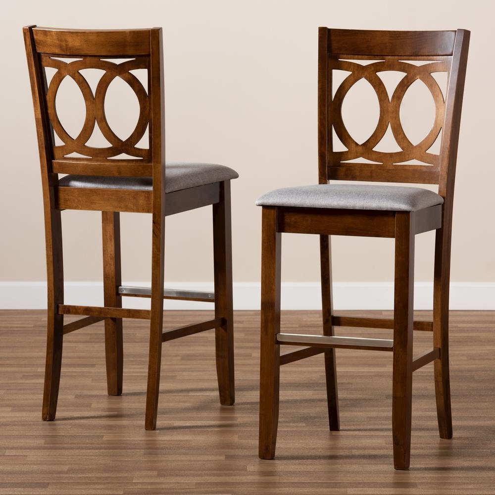Grey Fabric Upholstered and Walnut Brown Finished Wood 2-Piece Bar Stool Set