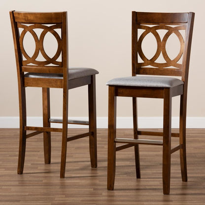 Grey Fabric Upholstered and Walnut Brown Finished Wood 2-Piece Bar Stool Set