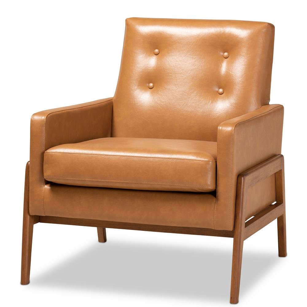 Leather Upholstered and Walnut Brown Finished Wood Lounge Chair