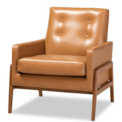 Leather Upholstered and Walnut Brown Finished Wood Lounge Chair