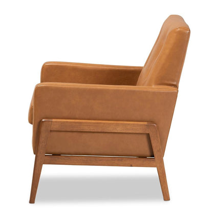 Leather Upholstered and Walnut Brown Finished Wood Lounge Chair