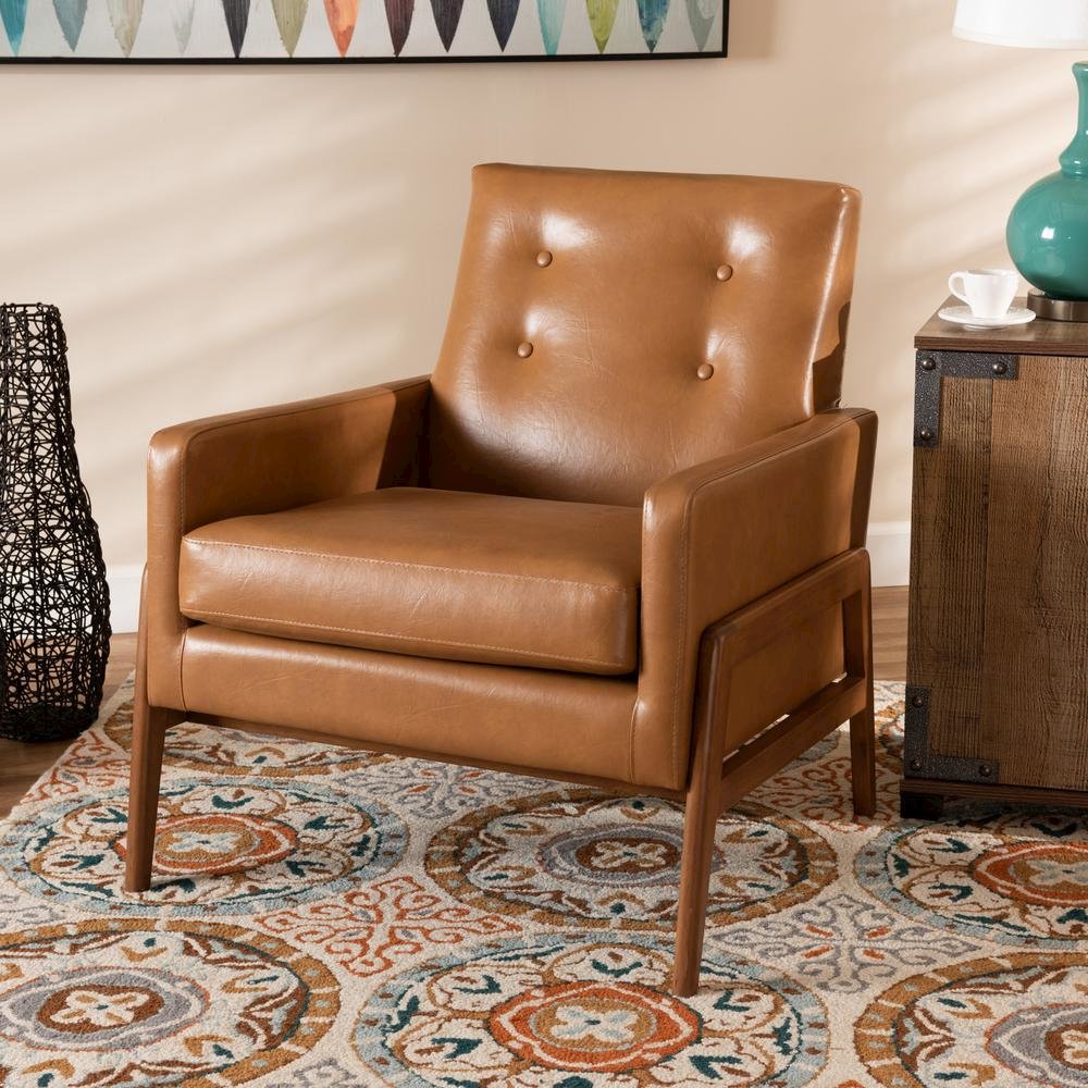 Leather Upholstered and Walnut Brown Finished Wood Lounge Chair