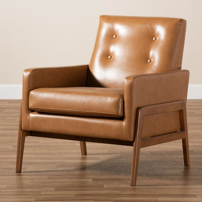 Leather Upholstered and Walnut Brown Finished Wood Lounge Chair