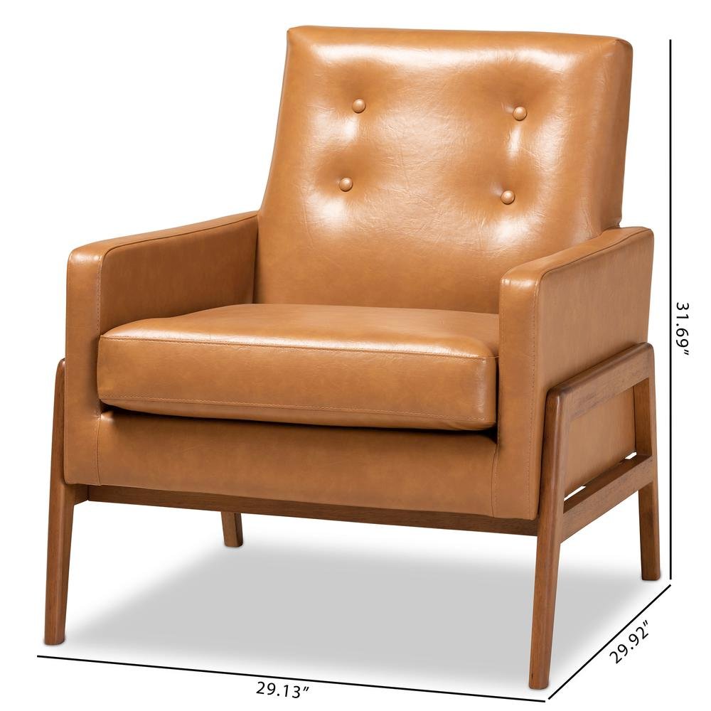Leather Upholstered and Walnut Brown Finished Wood Lounge Chair