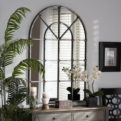 Vintage Farmhouse Antique Silver Finished Arched Window Accent Wall Mirror