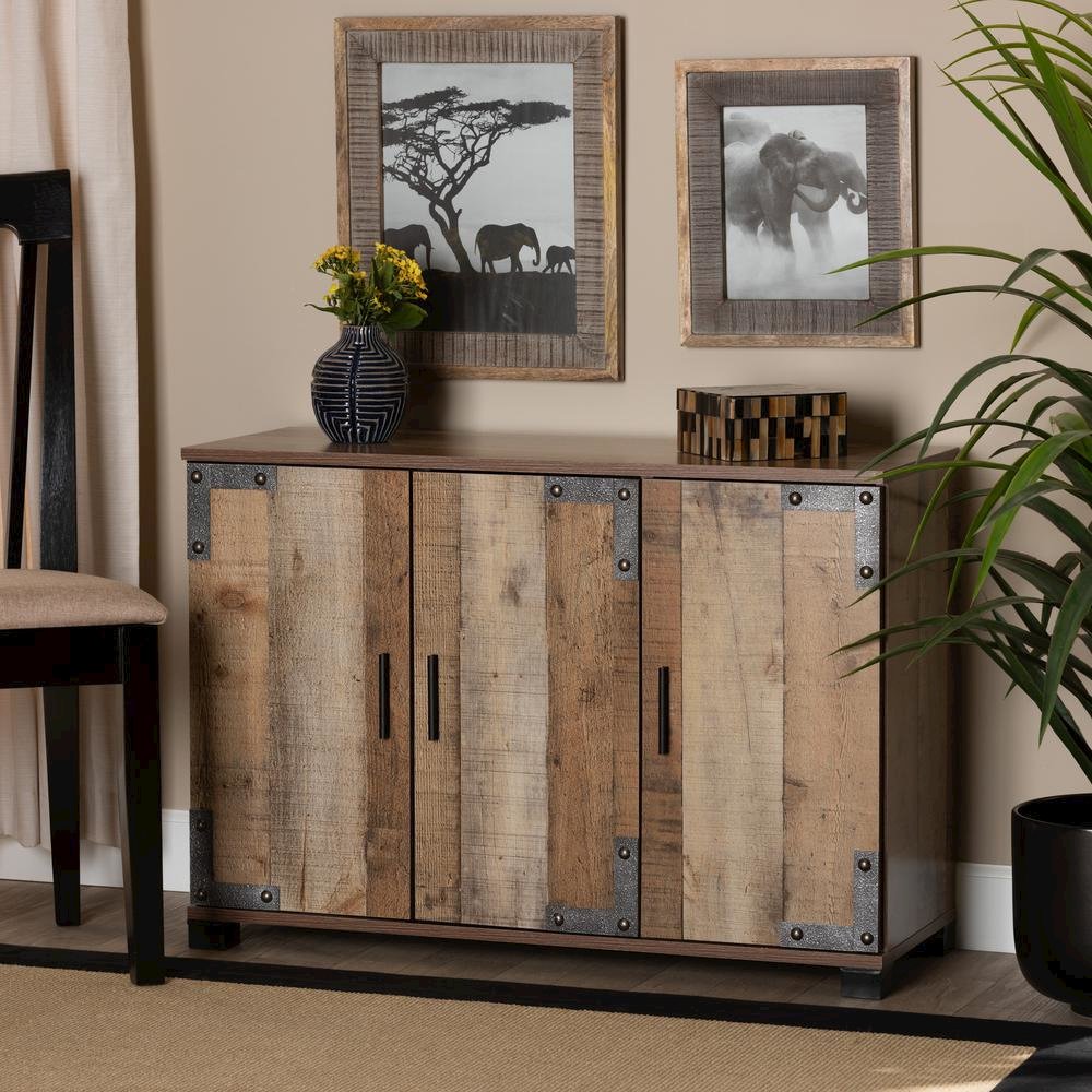 Farmhouse Rustic Finished Wood 3-Door Shoe Cabinet