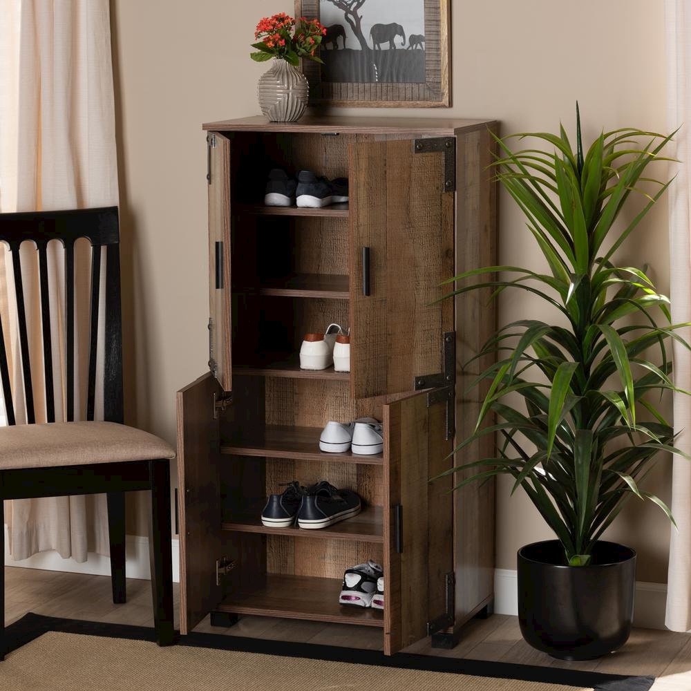 Farmhouse Rustic Finished Wood 4-Door Shoe Cabinet