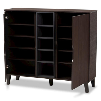 Two-Tone Dark Brown and Grey Finished Wood 2-Door Shoe Cabinet
