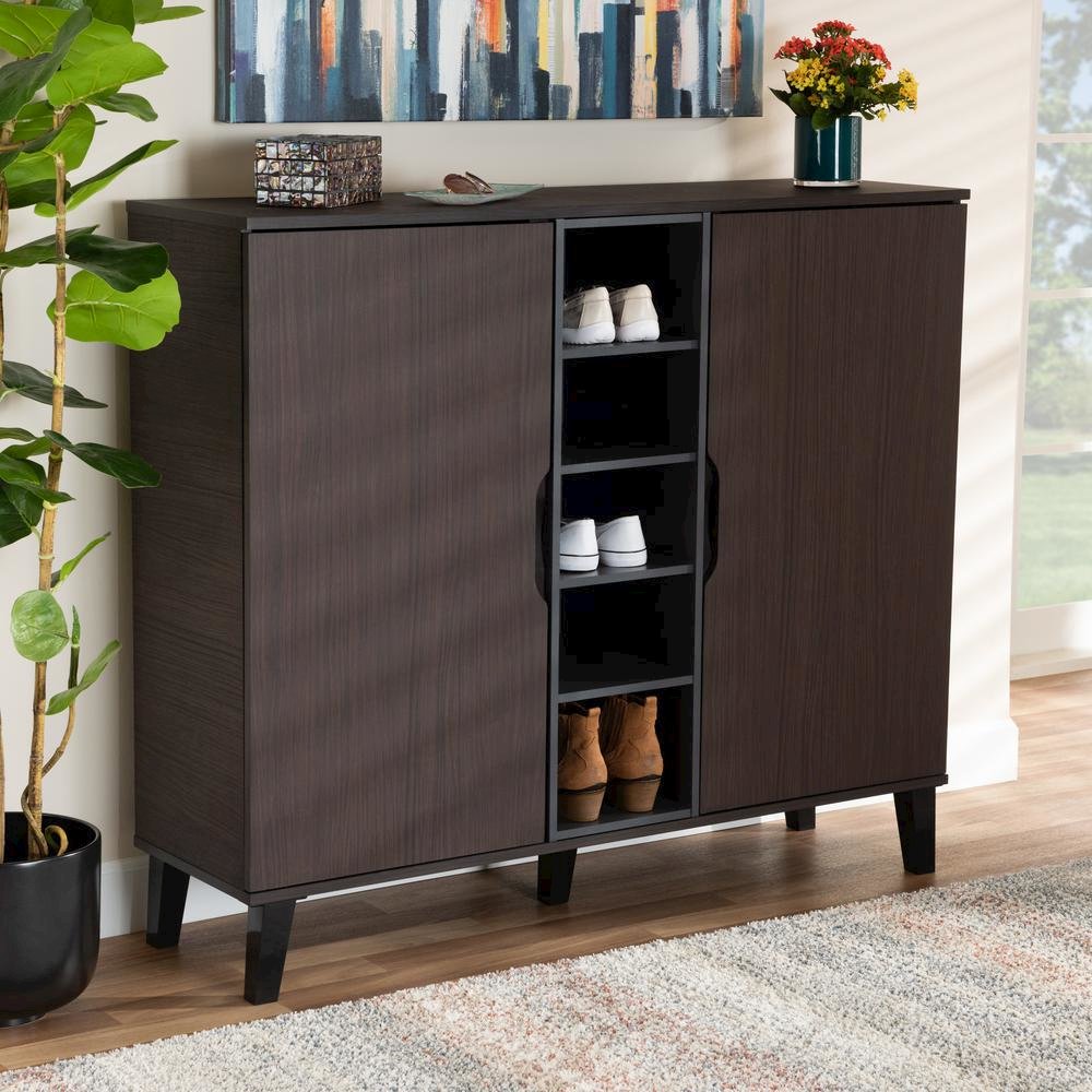 Two-Tone Dark Brown and Grey Finished Wood 2-Door Shoe Cabinet