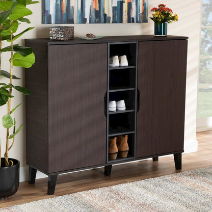 Two-Tone Dark Brown and Grey Finished Wood 2-Door Shoe Cabinet