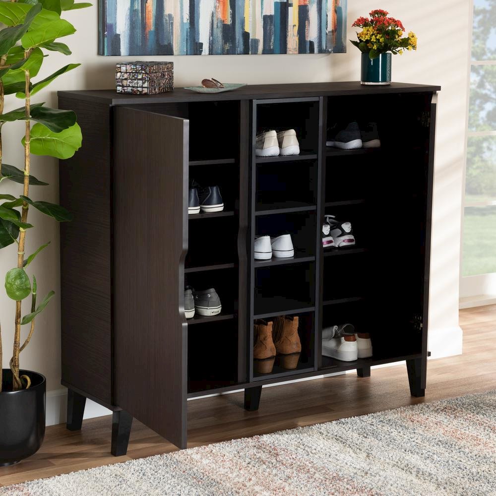 Two-Tone Dark Brown and Grey Finished Wood 2-Door Shoe Cabinet