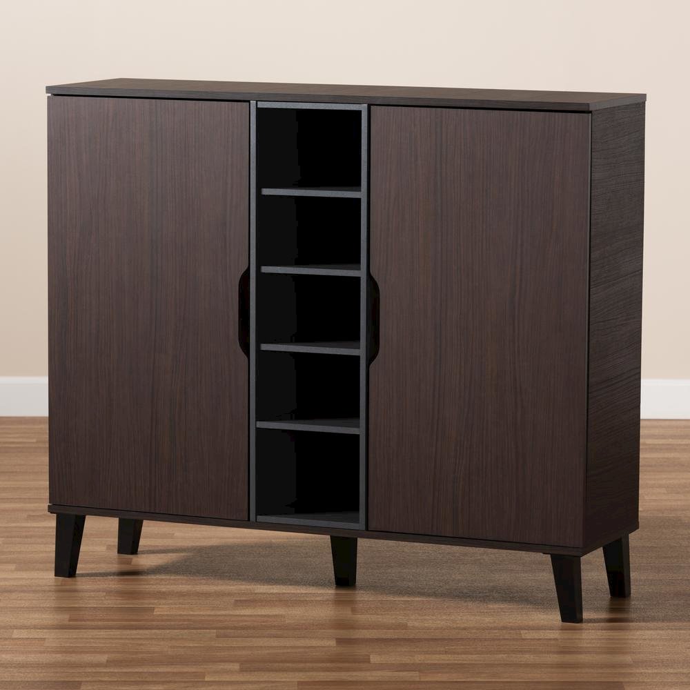 Two-Tone Dark Brown and Grey Finished Wood 2-Door Shoe Cabinet