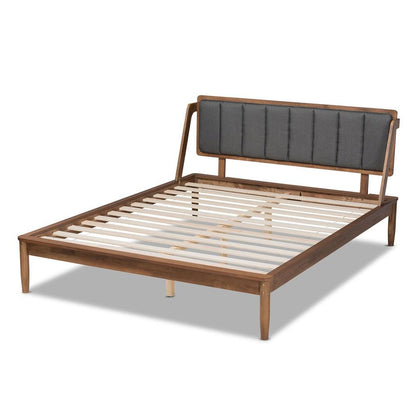 Dark Grey Fabric Upholstered and Walnut Finished Full Size Platform Bed