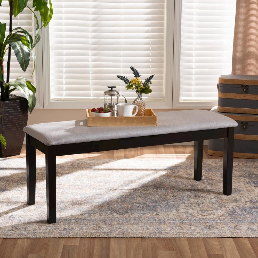 Transitional Grey Fabric Upholstered and Dark Brown Finished Wood Dining Bench