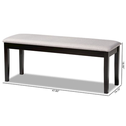 Transitional Grey Fabric Upholstered and Dark Brown Finished Wood Dining Bench