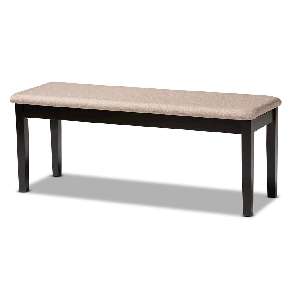 Transitional Sand Fabric Upholstered and Dark Brown Finished Wood Dining Bench