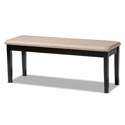 Transitional Sand Fabric Upholstered and Dark Brown Finished Wood Dining Bench
