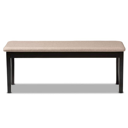 Transitional Sand Fabric Upholstered and Dark Brown Finished Wood Dining Bench