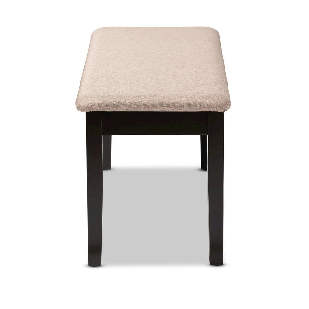 Transitional Sand Fabric Upholstered and Dark Brown Finished Wood Dining Bench