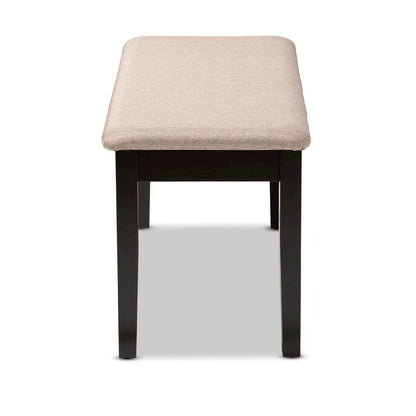 Transitional Sand Fabric Upholstered and Dark Brown Finished Wood Dining Bench