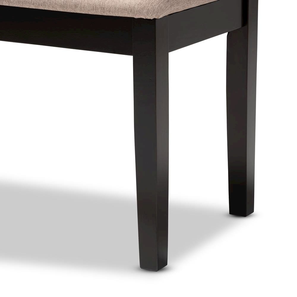 Transitional Sand Fabric Upholstered and Dark Brown Finished Wood Dining Bench