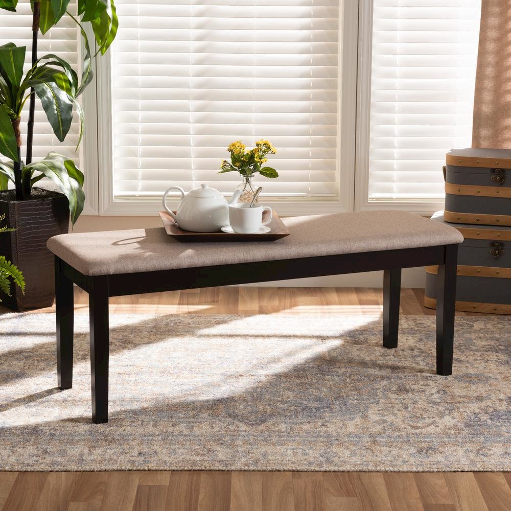 Transitional Sand Fabric Upholstered and Dark Brown Finished Wood Dining Bench