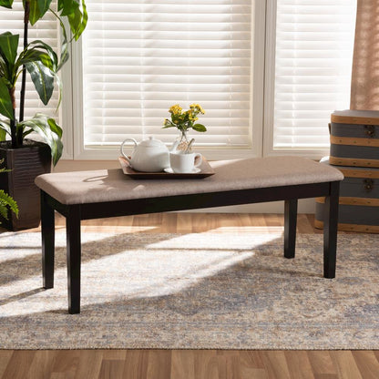 Transitional Sand Fabric Upholstered and Dark Brown Finished Wood Dining Bench