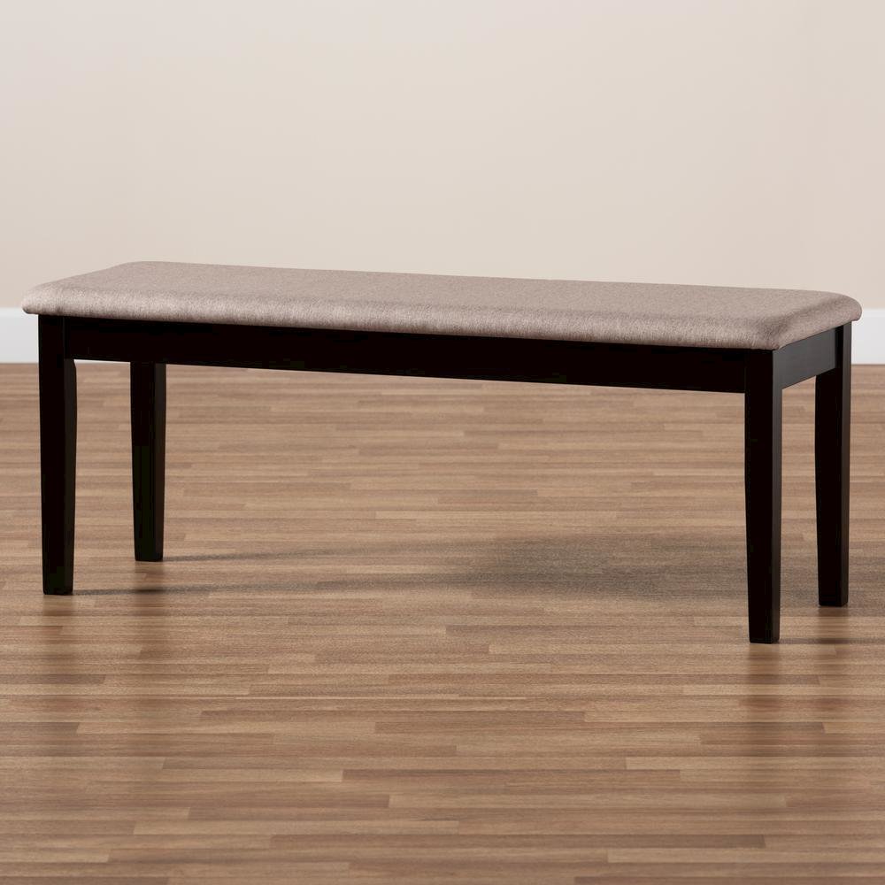 Transitional Sand Fabric Upholstered and Dark Brown Finished Wood Dining Bench