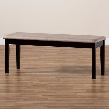 Transitional Sand Fabric Upholstered and Dark Brown Finished Wood Dining Bench