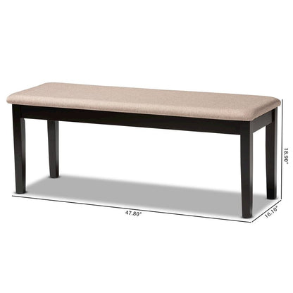 Transitional Sand Fabric Upholstered and Dark Brown Finished Wood Dining Bench