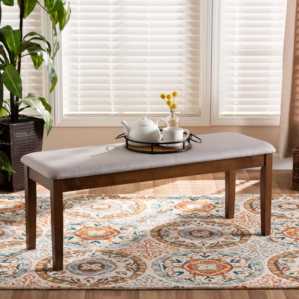 Transitional Grey Fabric Upholstered and Walnut Brown Finished Wood Dining Bench